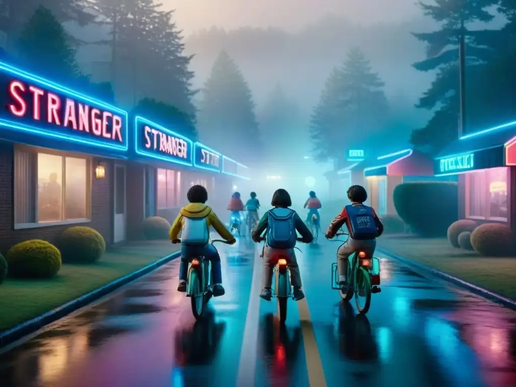 Recuerda los 80s con una escena misteriosa y nostálgica de niños en bicicleta en la noche, evocando el impacto de Stranger Things