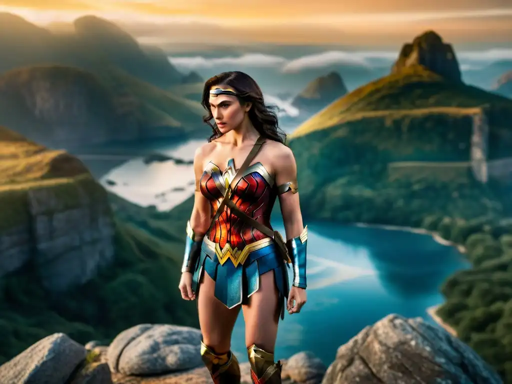 Wonder Woman en el acantilado, reflejando mitología y feminismo en su icónico atuendo