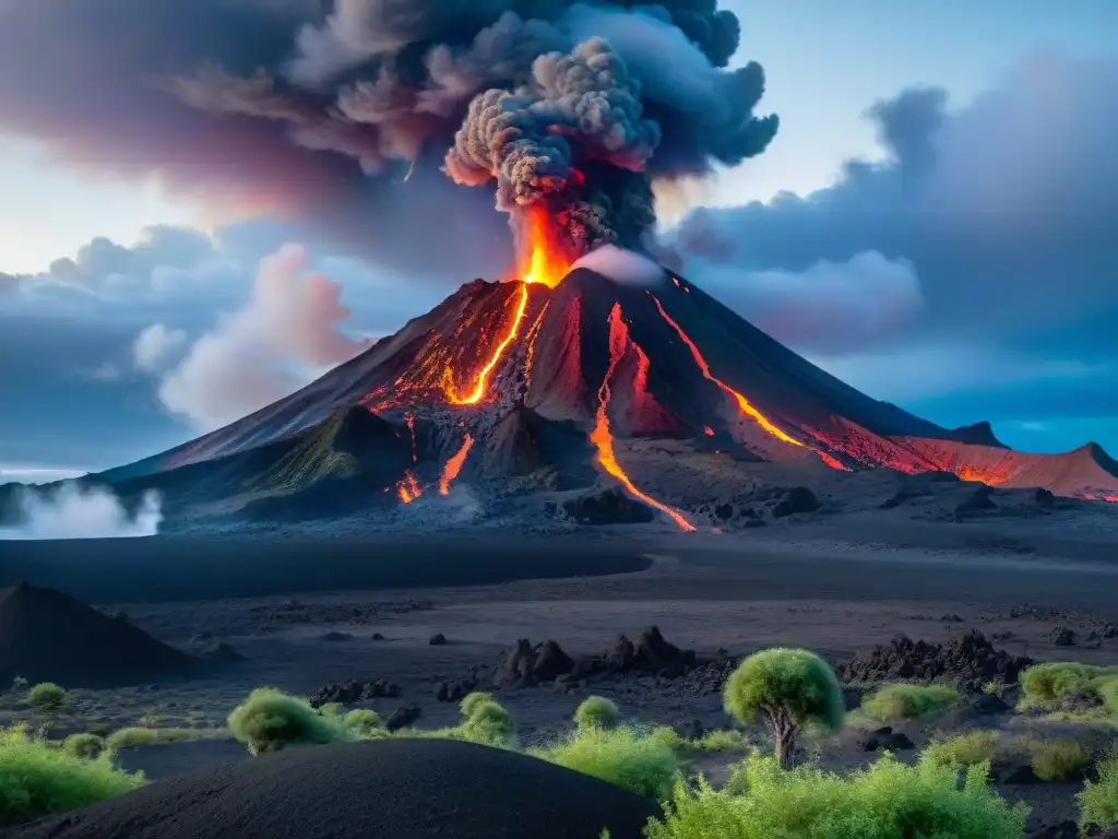 Volcán activo en Pandora con energía renovable en un paisaje alienígena vibrante