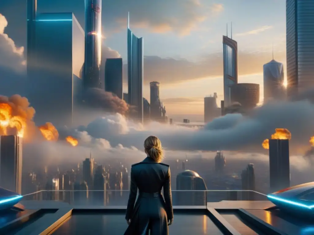 Adaptación de Divergente a película: Protagonista en ciudad futurista al atardecer, reflejando conflicto interno y valentía