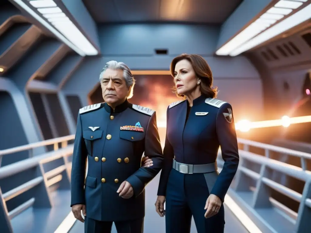 Admiral Adama y Presidente Roslin en la nave Galactica de Battlestar Galactica, líderes en plena crisis