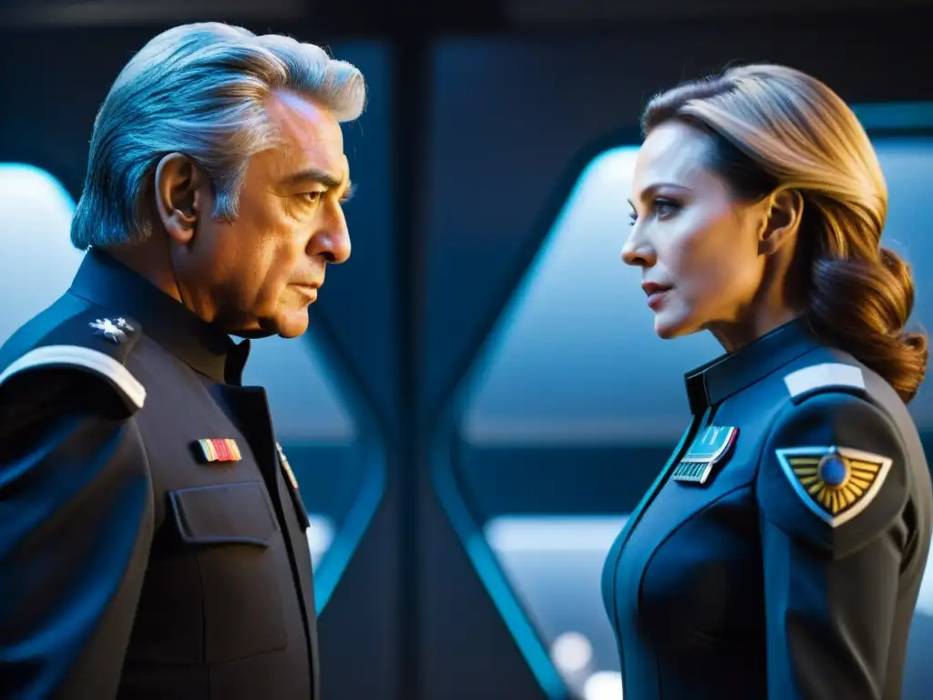 Admiral Adama y Presidente Roslin en tensa discusión en CIC de Galactica, transmitiendo urgencia y estrategia