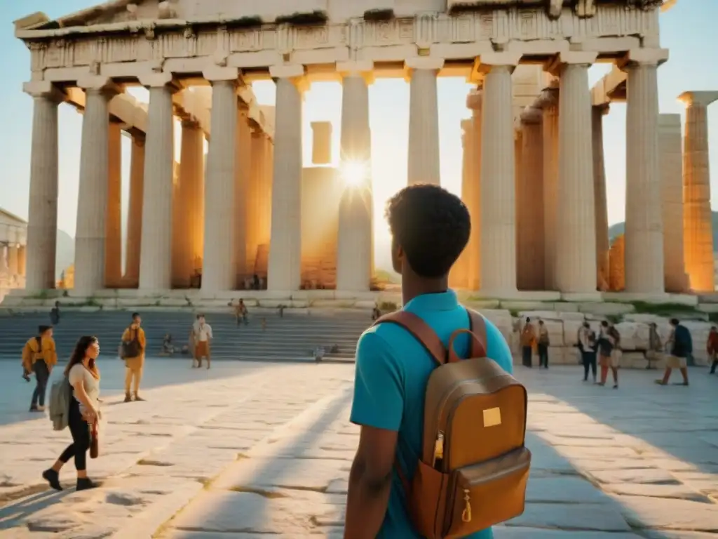 Un adolescente maravillado ante el Partenón con 'Percy Jackson' en mano, en una reconstrucción Antigua Grecia en Percy Jackson