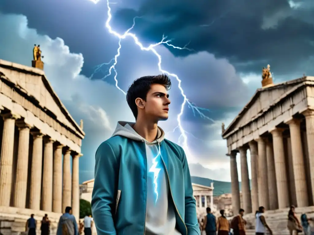 Un adolescente moderno con armadura griega bajo su chaqueta en una ciudad de Percy Jackson