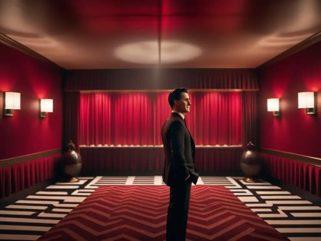 Agente Dale Cooper en la Sala Roja del Black Lodge de Twin Peaks, con un ambiente surrealista y misterioso