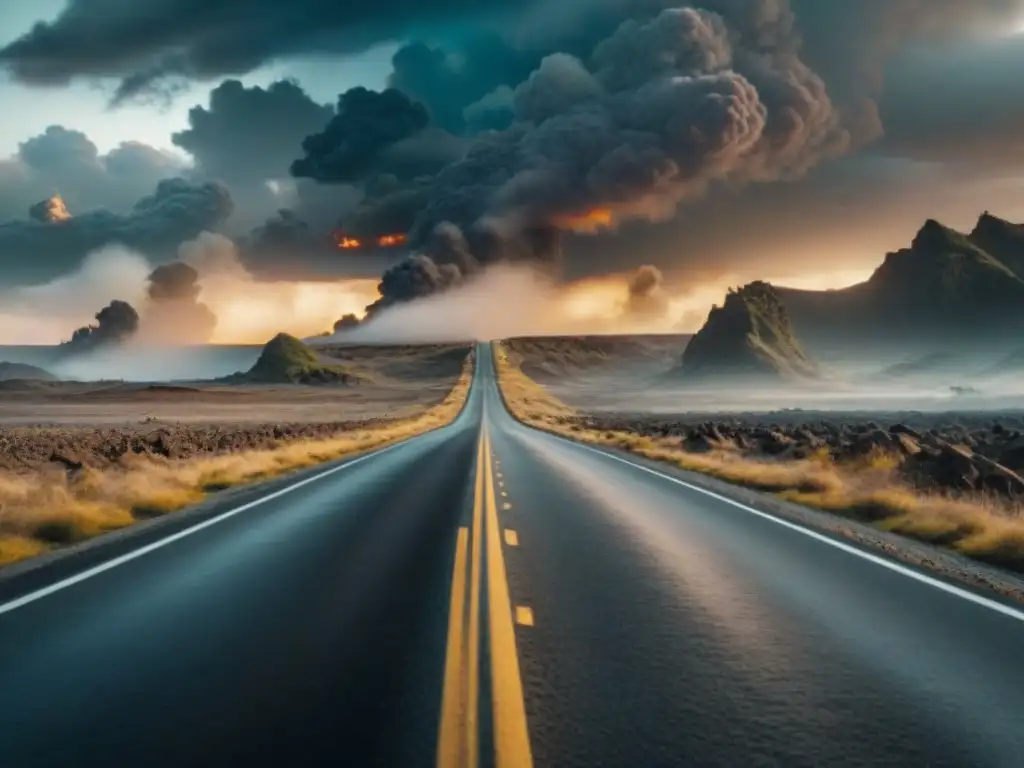 Alegorías medioambientales en La carretera: paisaje postapocalíptico con carretera desolada y cielo amenazante