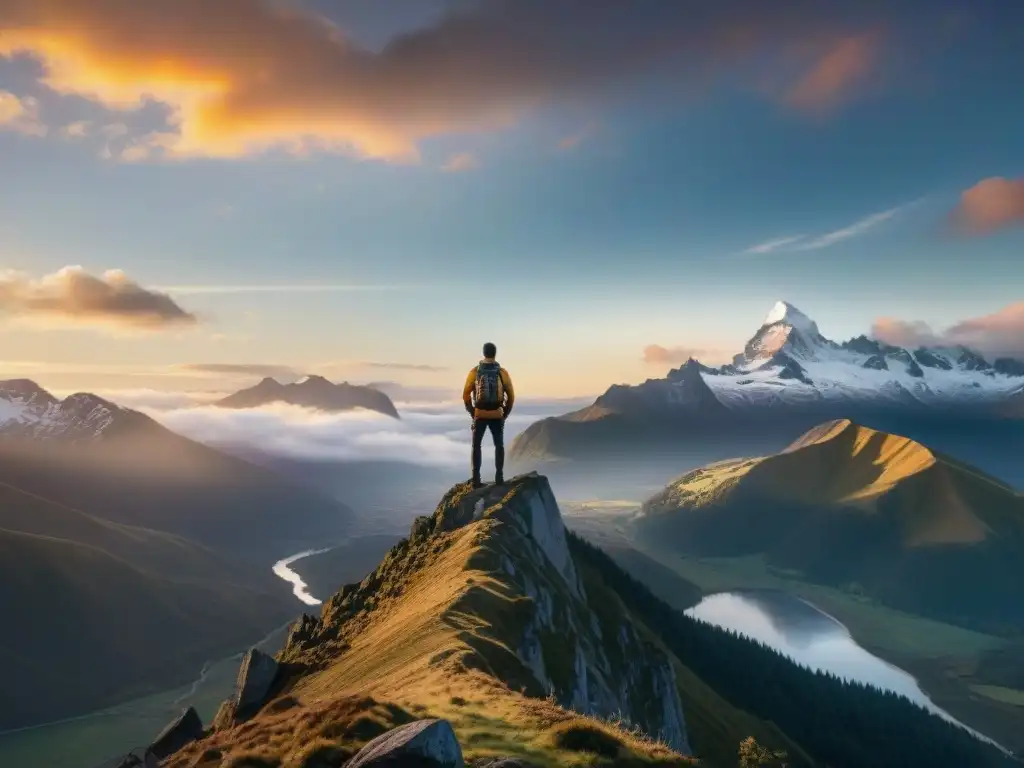 Un alma valiente alcanza la cima de la montaña al atardecer, reflejando superación personal a través de la fantasía