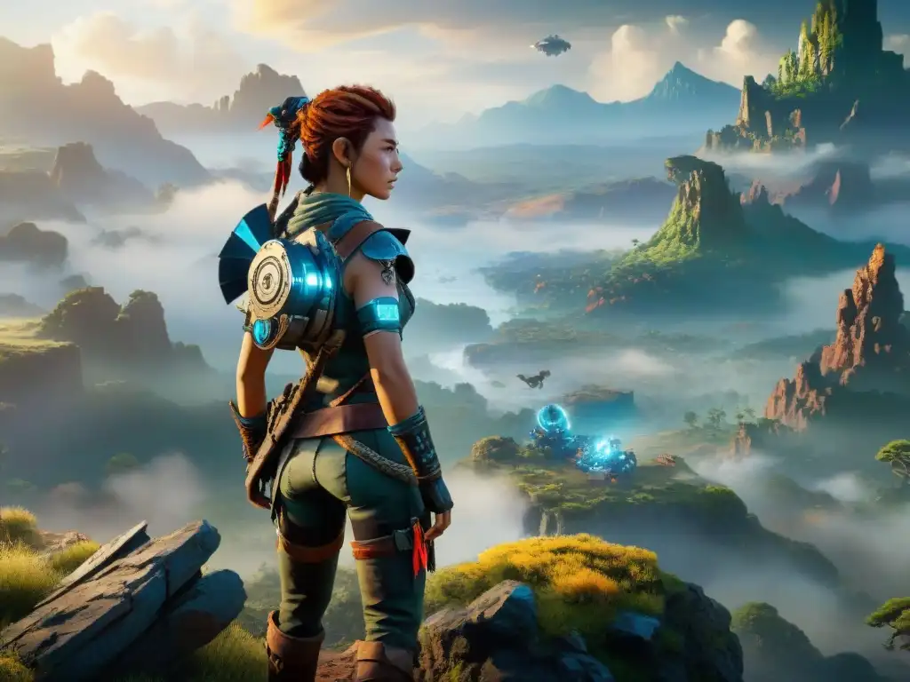 Aloy de Horizon Zero Dawn análisis criaturas en valle postapocalíptico