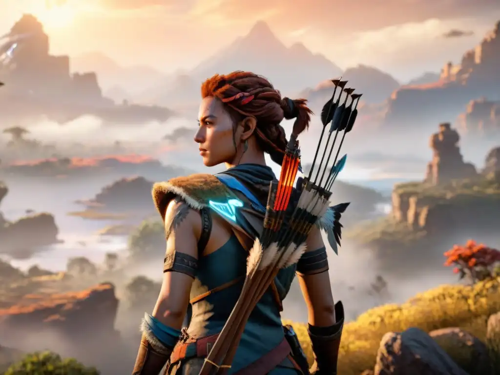 Aloy de Horizon Zero Dawn contempla el paisaje postapocalíptico al atardecer, con ruinas y criaturas mecánicas dispersas