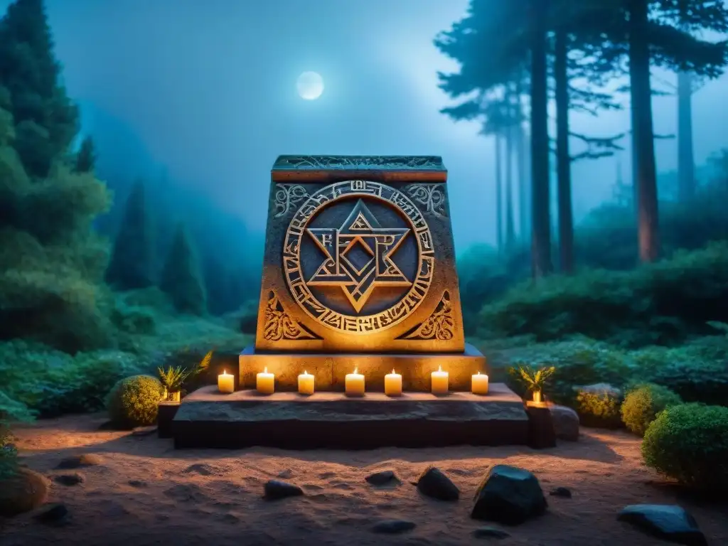 Un altar de piedra antiguo y tallado con runas místicas, iluminado por la luna en un bosque denso