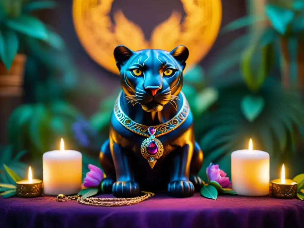 Altar de vibranio dedicado a la Diosa Pantera Bast en la jungla de Wakanda al atardecer