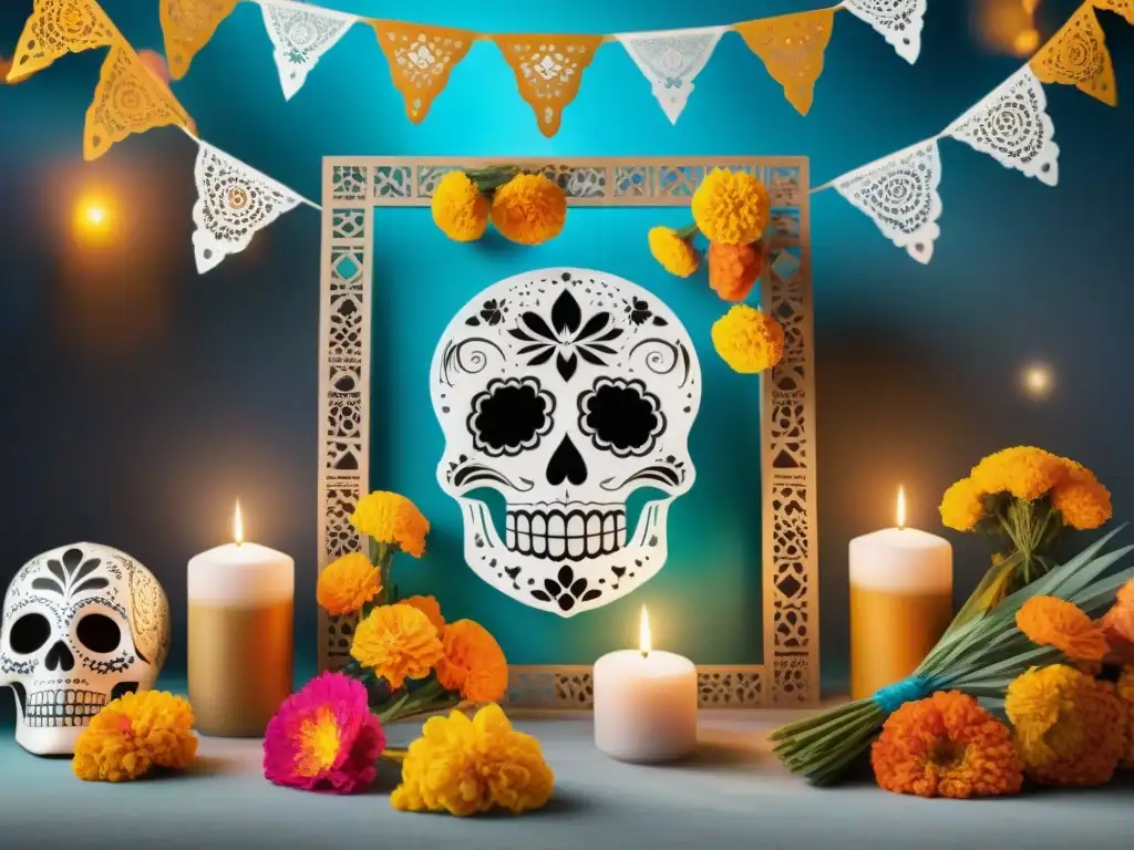 Un altar vibrante y colorido del Día de los Muertos, con calaveras de azúcar y papel picado, honrando a un ser querido