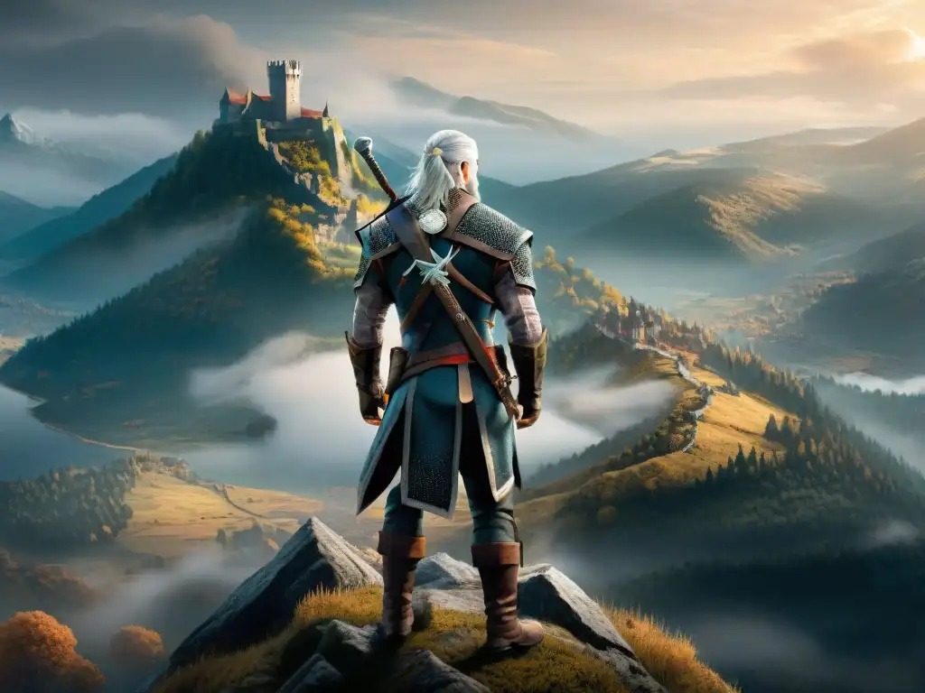 En lo alto de una montaña neblinosa, Geralt de Rivia con medallón brillante y espada plateada, en un paisaje de fantasía medieval