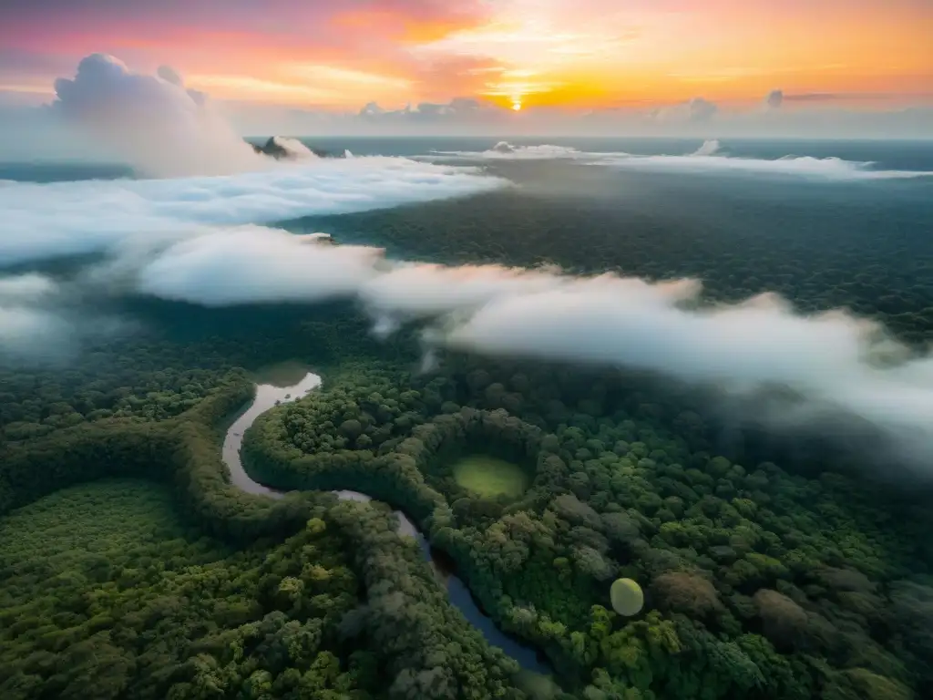 Representación de la Amazonía en ficción: Atardecer dorado en la exuberante selva amazónica, con flora y fauna vibrante bajo la cálida luz del sol