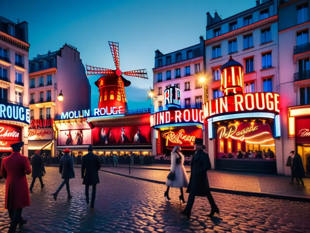 Un ambiente glamuroso y misterioso en la historia del cabaret parisino, con el icónico molino rojo del Moulin Rouge iluminado en la noche parisina