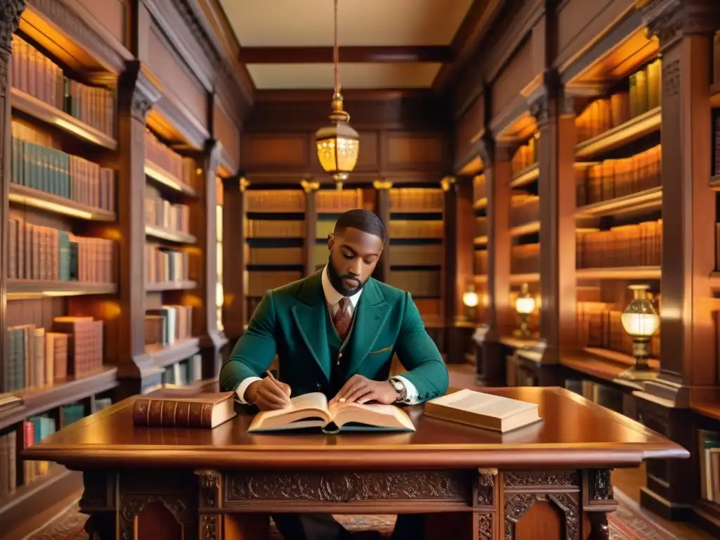 Un ambiente mágico en una antigua biblioteca llena de libros de cuero