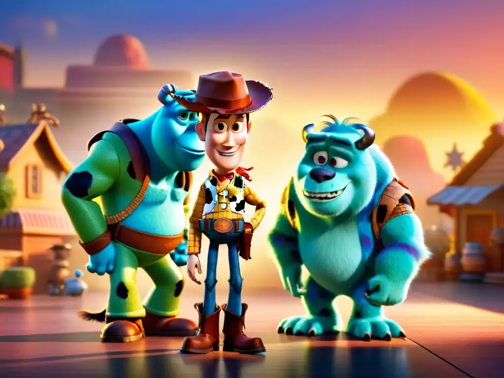 Dos amigos de mundos diferentes, Woody y Sulley, unidos en amistad con una cálida puesta de sol