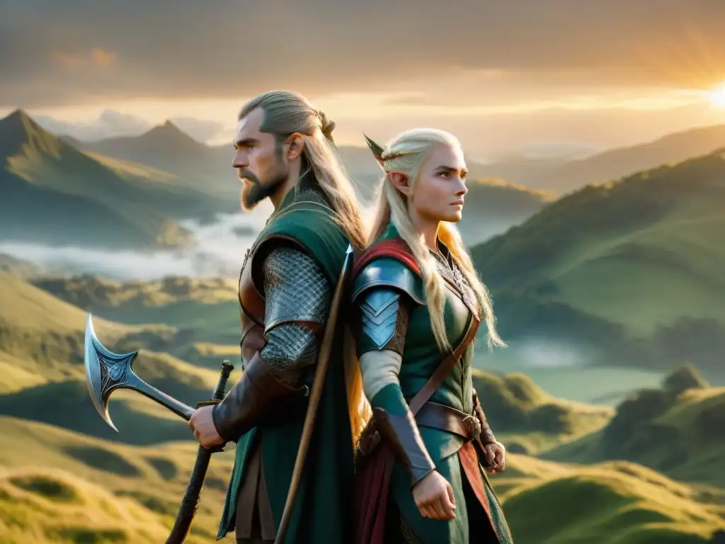 Una amistad épica en Middle-earth: Legolas y Gimli juntos, mirando al horizonte al atardecer