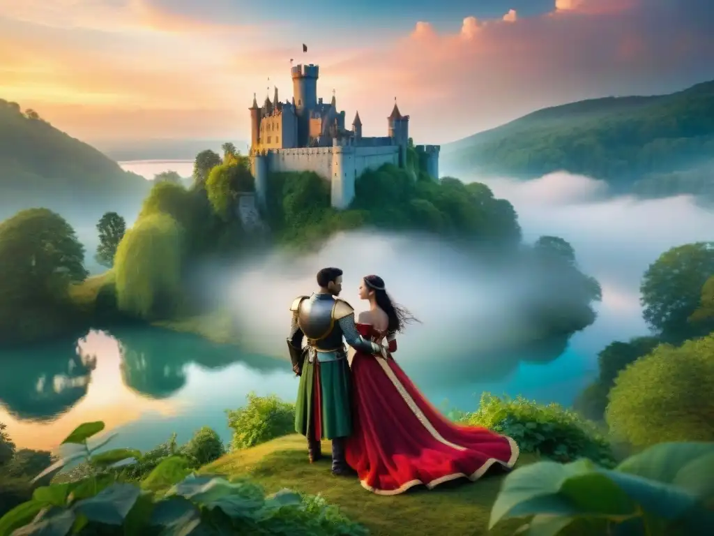 Amor en Reinos Mágicos: Pareja abrazada frente a un castillo medieval al atardecer, rodeado de naturaleza exuberante y lago brillante