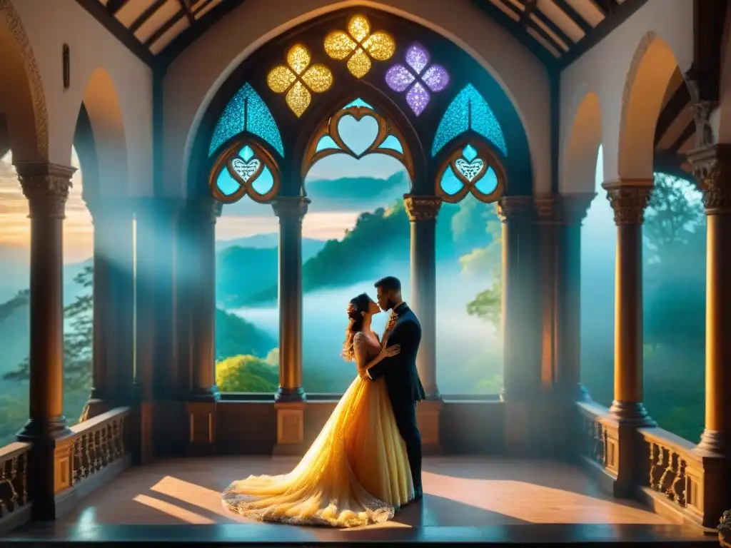 Amor en Reinos Mágicos: Castillo majestuoso al atardecer sobre un acantilado, con amantes abrazados en su interior