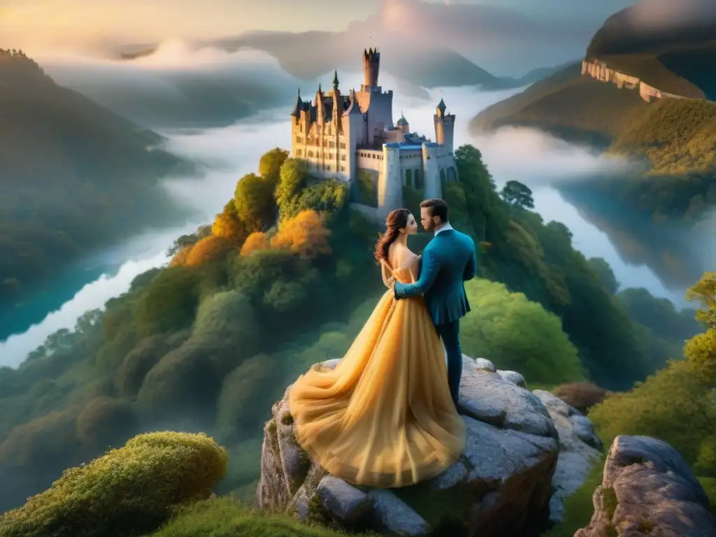 Amor en Reinos Mágicos: pareja de amantes en un castillo mágico al atardecer