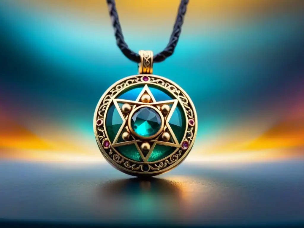 Un amuleto místico y antiguo de oro y gemas vibrantes, rodeado de energía cósmica, con símbolos que pulsan poder