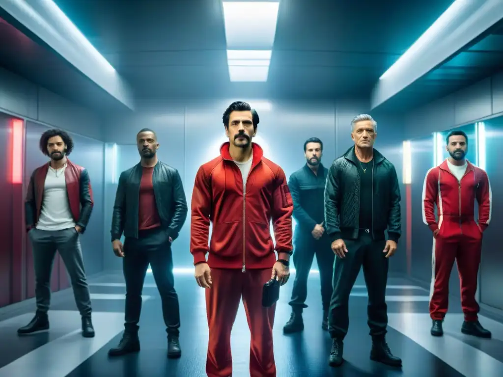 Análisis de La Casa de Papel: Contraste visual entre icónicos personajes de series de atracos en escenarios tensos con luces y bolsas de dinero