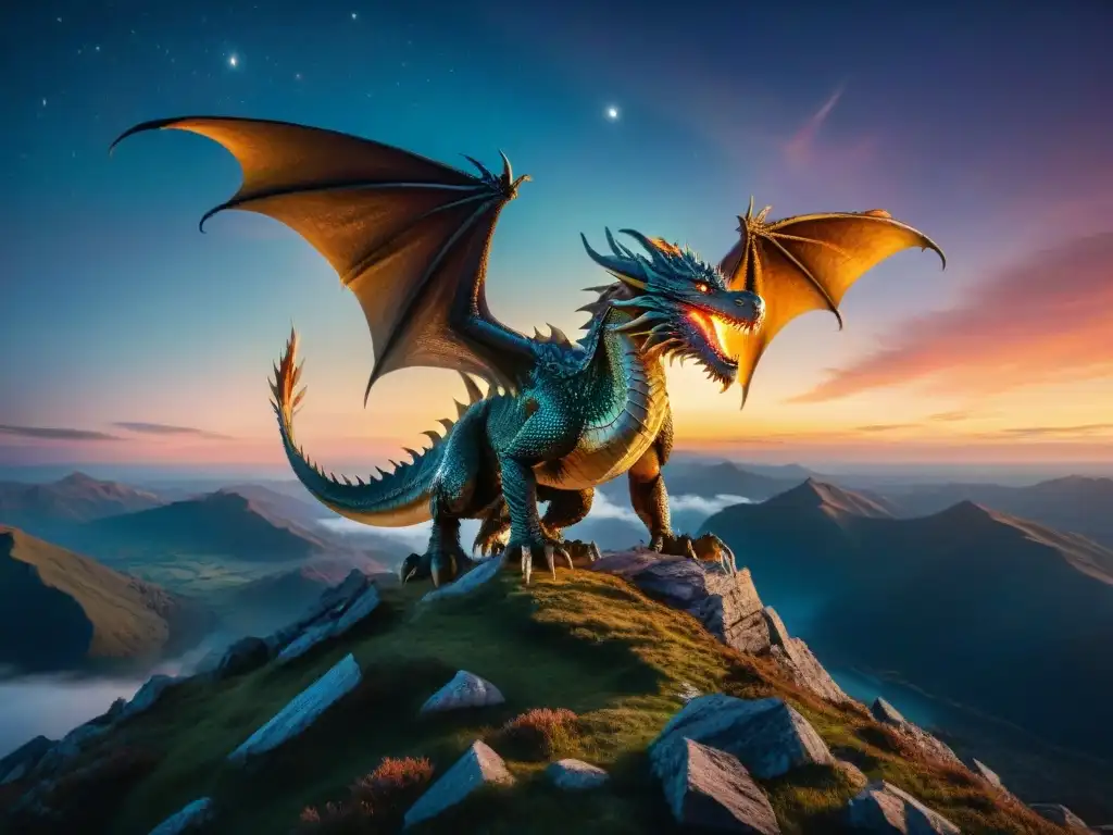 Un dragón ancestral con escamas iridiscentes en la cima de una montaña iluminada por la luna