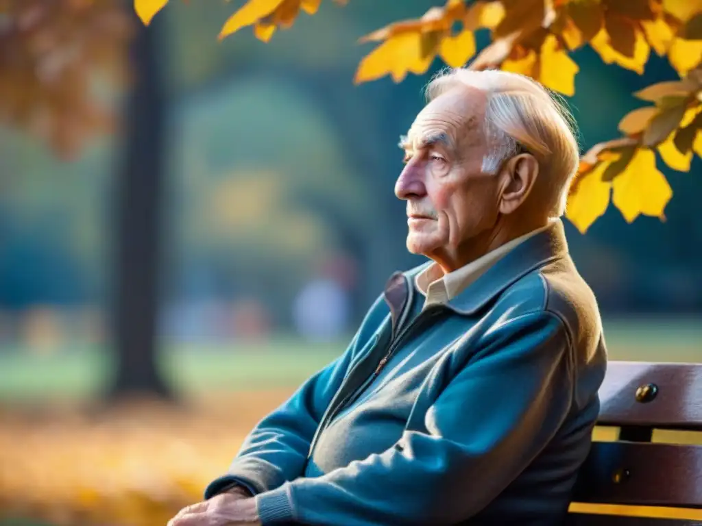 Un anciano en un banco del parque, con nostalgia y sabiduría en la mirada