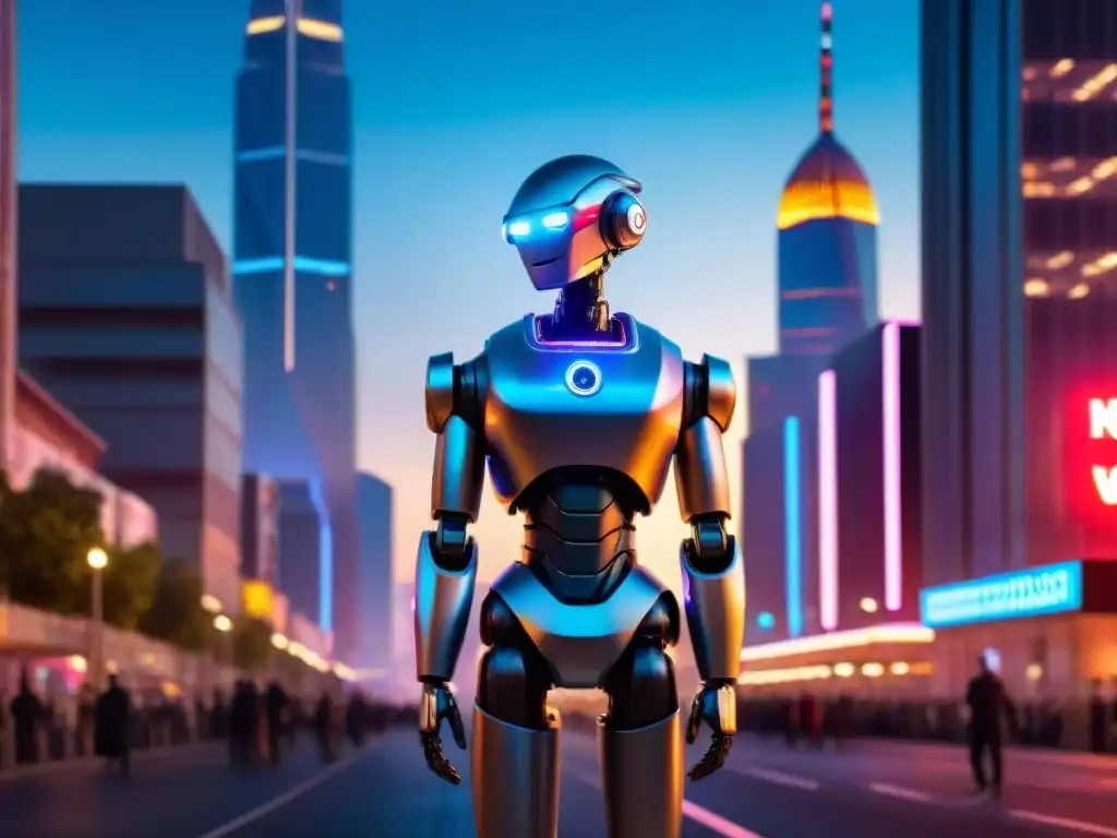 Robot humanoide en metrópolis futurista al atardecer Un androide contemplativo en un paisaje urbano futurista iluminado por luces de neón