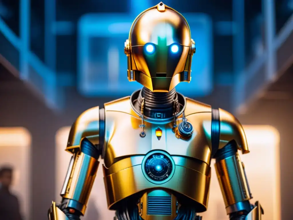 Un androide futurista inspirado en C3PO de Star Wars, rodeado de tecnología avanzada