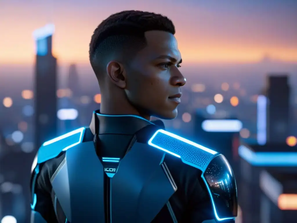 Androide en Detroit Become Human, reflejando luces de la ciudad futurista al atardecer