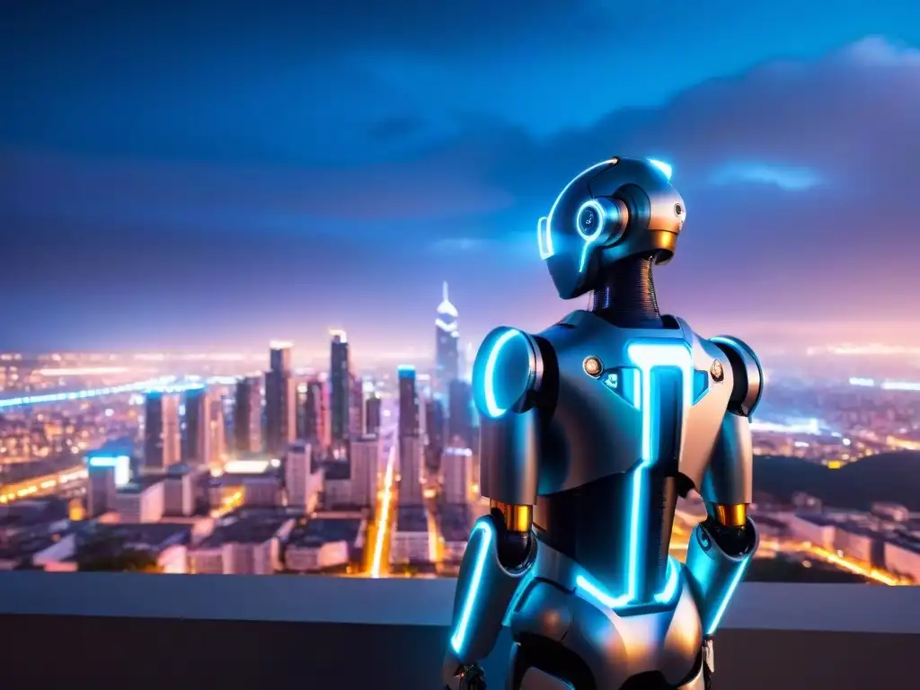 Metrópolis futurista: robot contemplativo en la noche Un androide reflexiona en la noche futurista entre luces de neón y hologramas