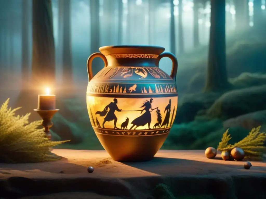 Una ánfora griega antigua brilla con escenas mitológicas detalladas, rodeada de un bosque místico y envuelta en una luz etérea