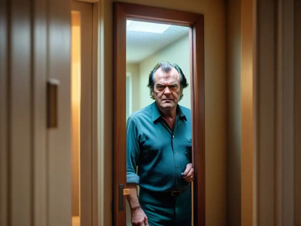 La angustiante escena de 'El Resplandor' donde Jack Torrance asoma por la puerta rota con un hacha en mano, reflejando terror psicológico