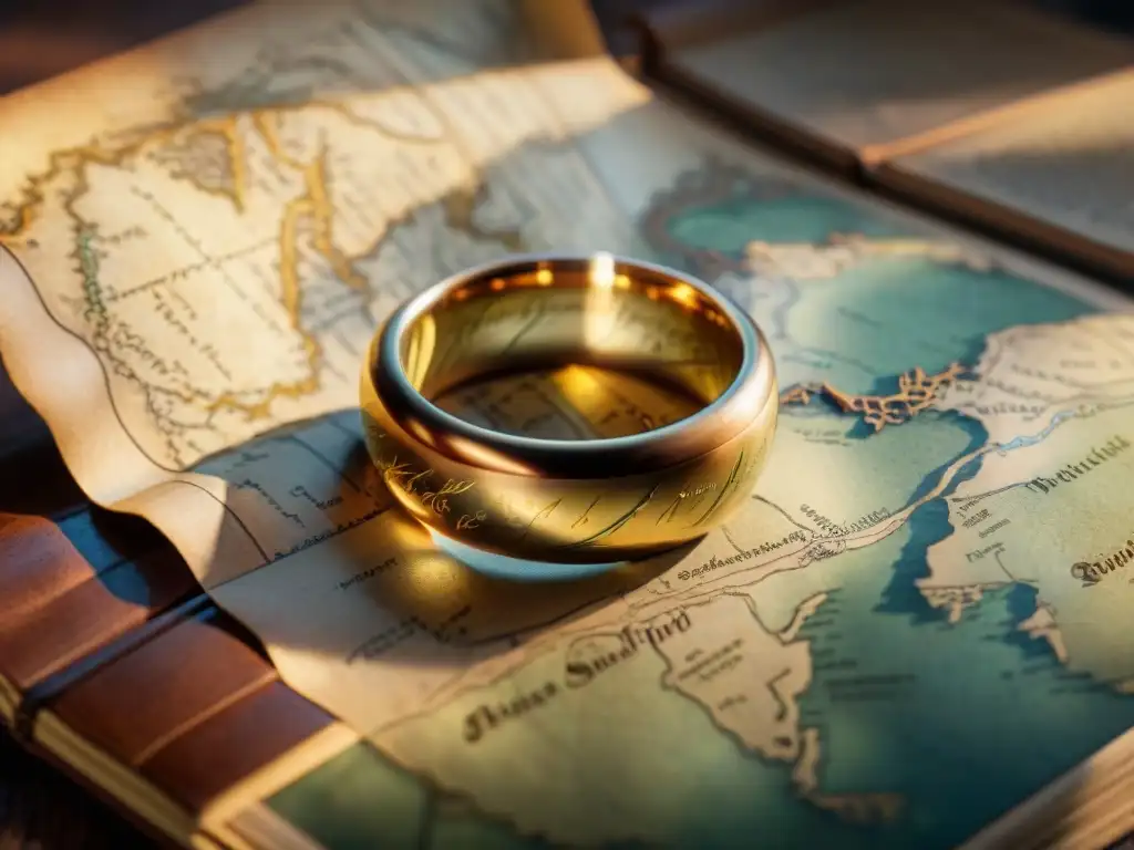 Un anillo único reposa sobre un mapa de la Tierra Media, rodeado de cuadernos y notas
