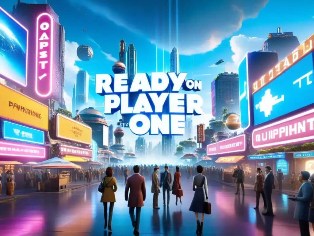 Una animada economía en Ready Player One: el mercado futurista del OASIS, lleno de actividad virtual y luces de neón