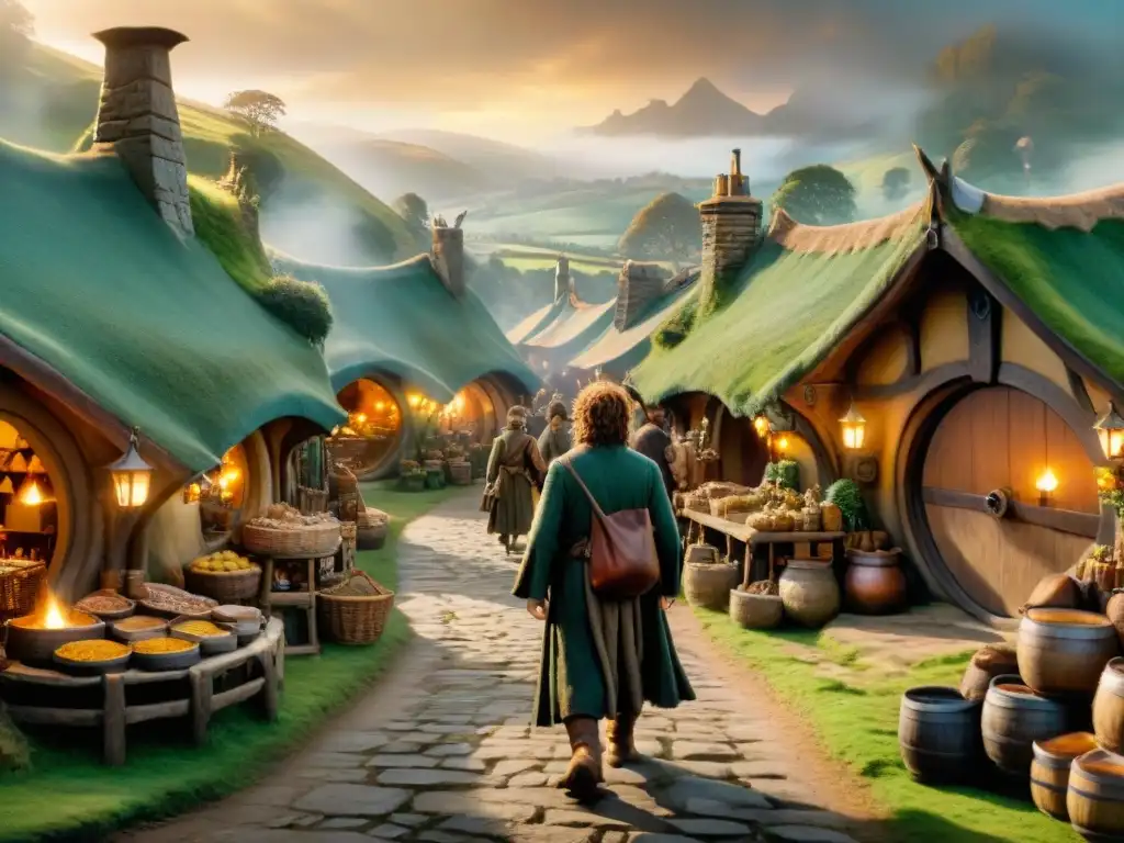 Un animado mercado en la Comarca de 'El Señor de los Anillos', reflejando la vida económica de los hobbits