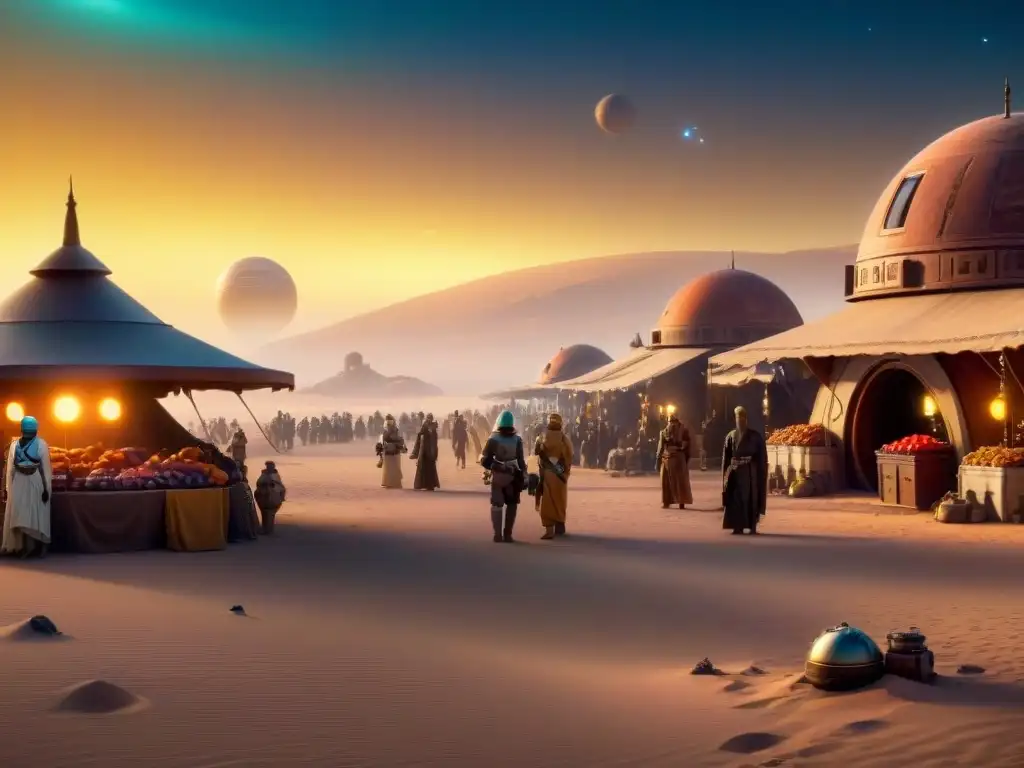 Un animado mercado intergaláctico en el planeta desértico de Tatooine, reflejando la diversidad y comercio en la economía interplanetaria en Star Wars