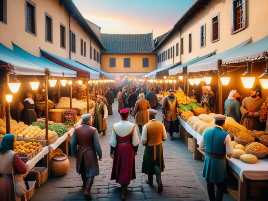 Animado mercado medieval en El Nombre del Viento, con vendedores, clientes y una vibrante economía bajo la puesta de sol dorada