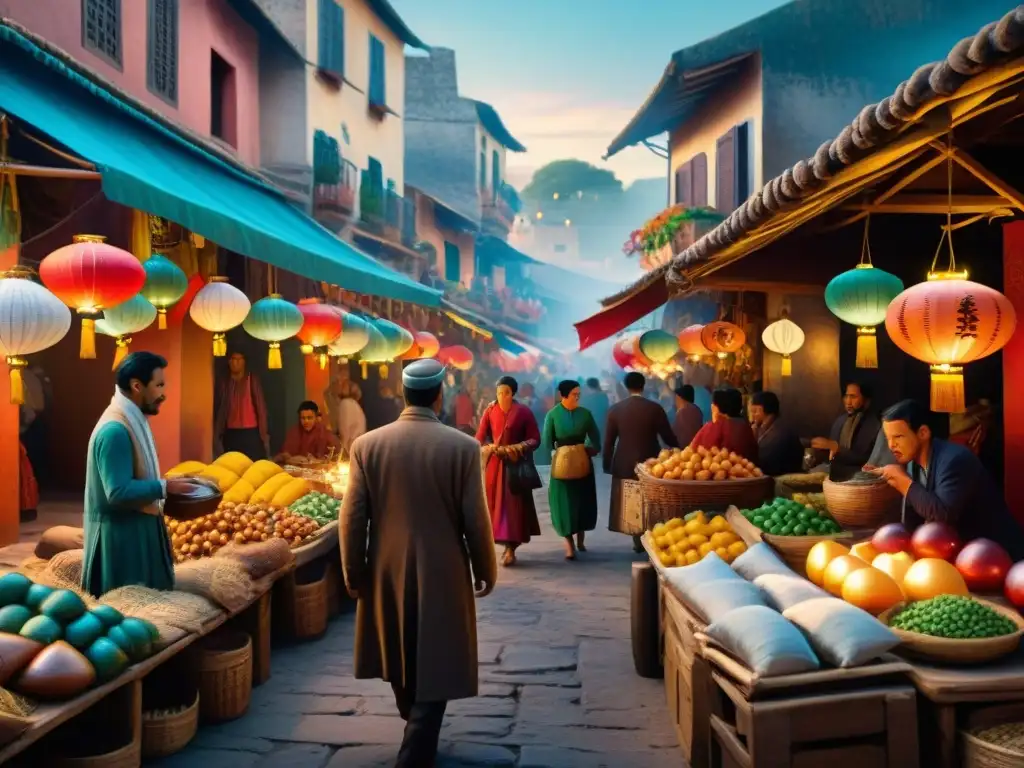 Animado mercado en El Nombre del Viento, con comerciantes, clientes y monedas en una escena llena de color y misterio