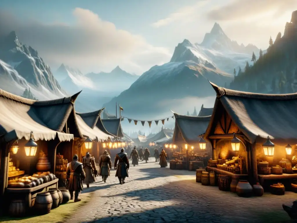 El animado mercado de Whiterun en Skyrim: comerciantes, gremios y paisajes nórdicos bajo el sol