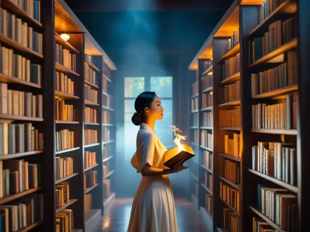 Antigua biblioteca iluminada por antorchas, con tomos escritos en sistemas de escritura fantásticos influenciados