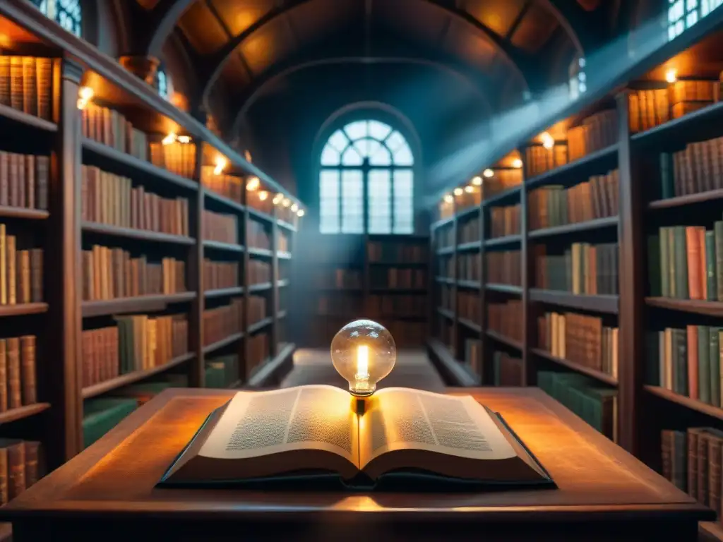 Antigua biblioteca con libros y artefactos, iluminada por un misterioso rayo de luz sobre un libro de símbolos