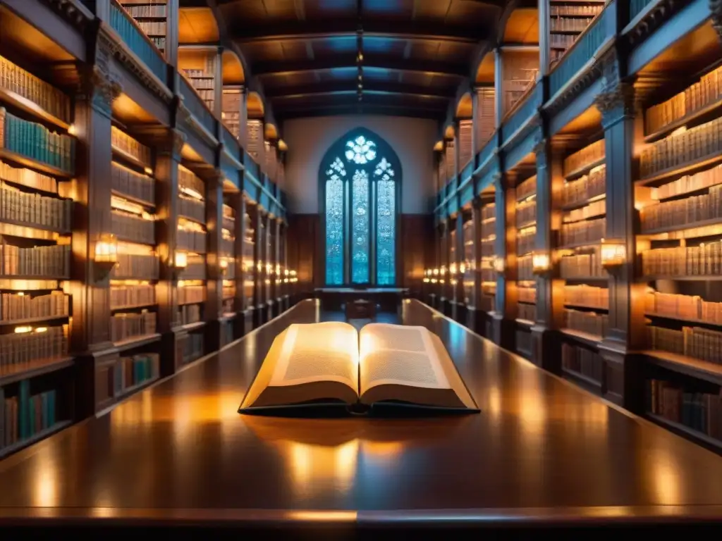 Antigua biblioteca mística con libros de cuero, iluminada por antorchas