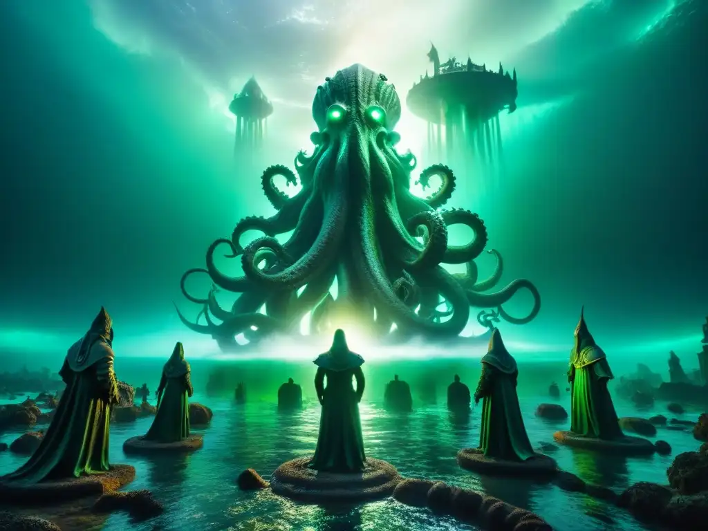 Una antigua ciudad sumergida en agua, con criaturas tentaculadas y una estatua de Cthulhu radiante