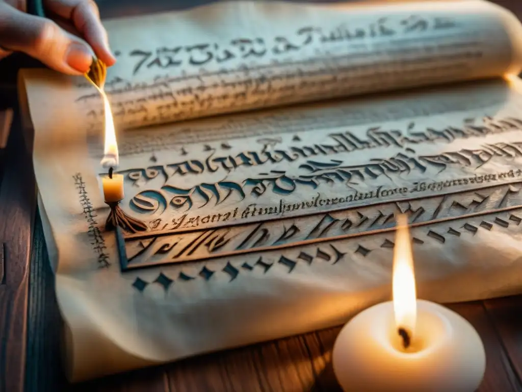 Antigua escritura Tengwar grabada en pergamino, con luz de vela