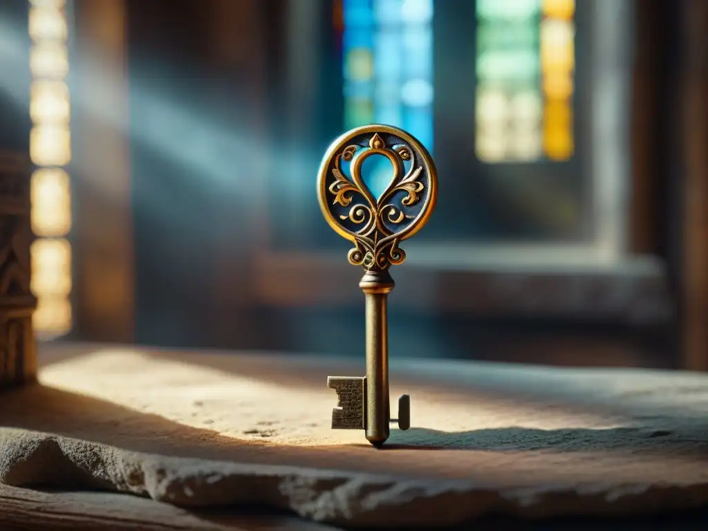 Una antigua llave ornamental de plata y oro, con símbolos místicos, reposa sobre un pedestal de piedra en una cámara iluminada por tenues rayos de luz, mostrando un ambiente misterioso y encantador