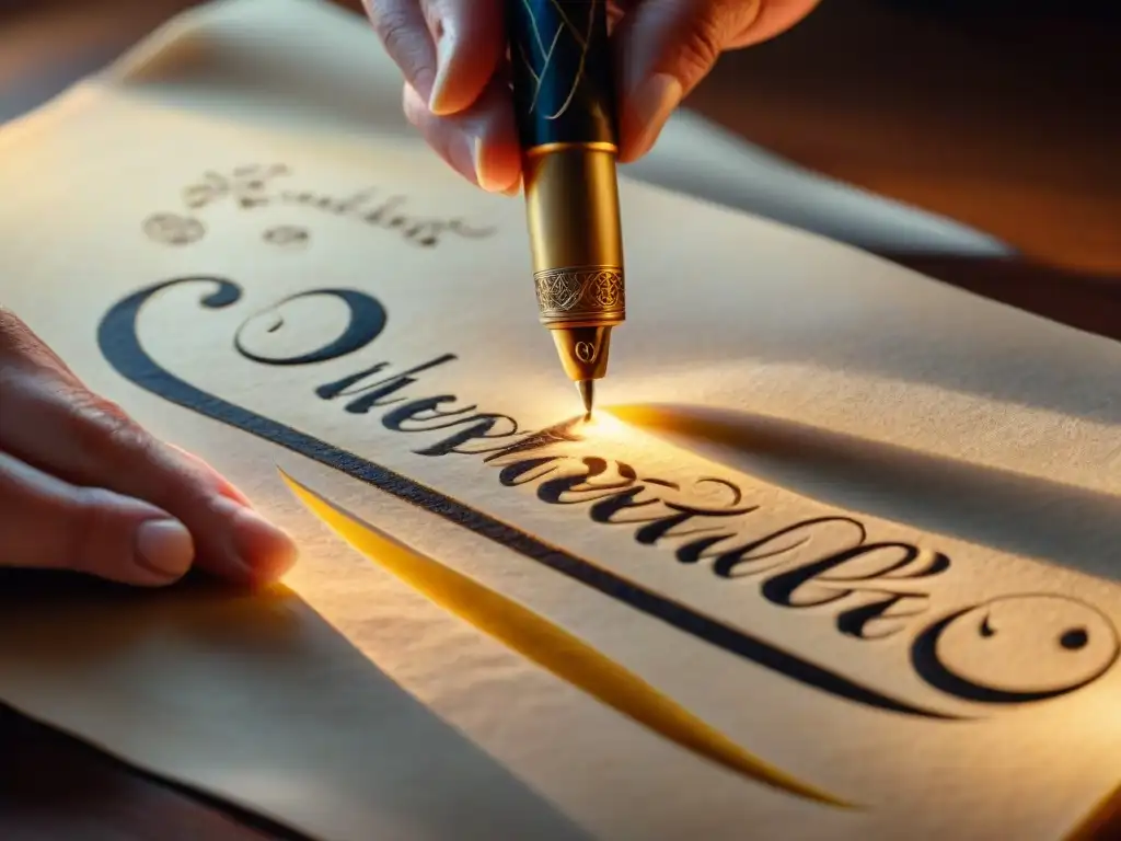 Antigua pluma escribiendo caligrafía en pergamino iluminado por luz de vela