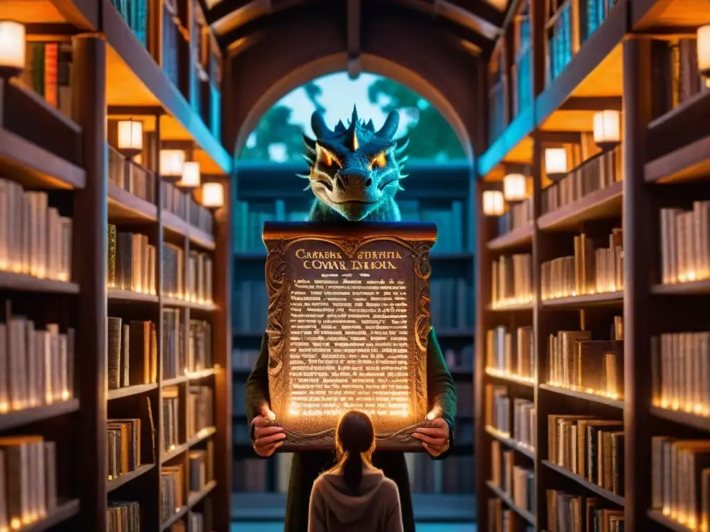 Antigua tabla de piedra con runas brillantes en biblioteca antigua iluminada por velas, con silueta de dragón